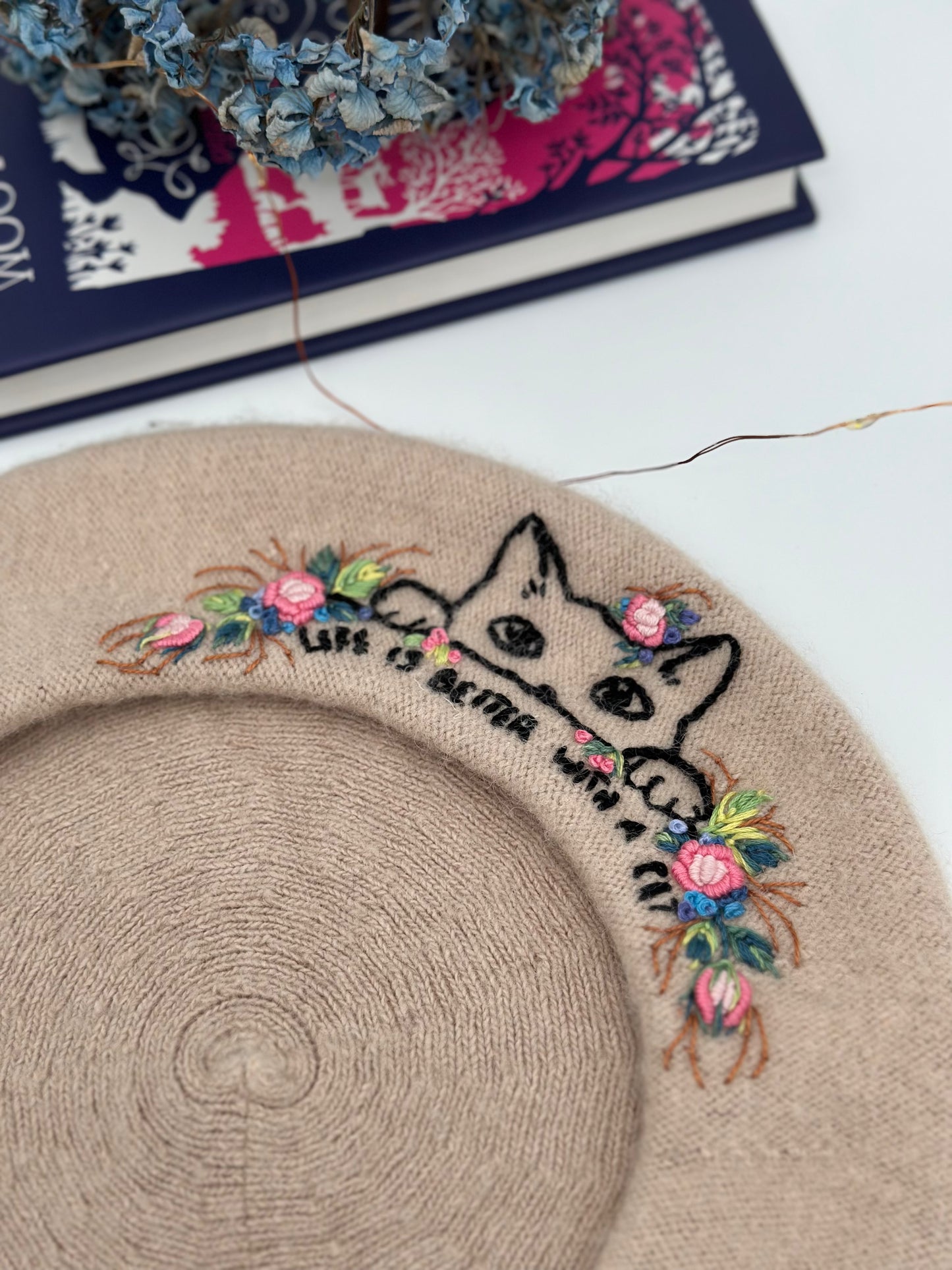 Beretă brodată manual “Life is better with a cat” - beige